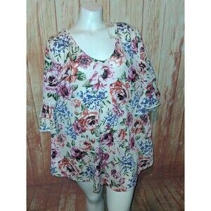 Stem & Vine Multicolor Floral Short Bell Sleeve V-neck Blouse Sz 1X
